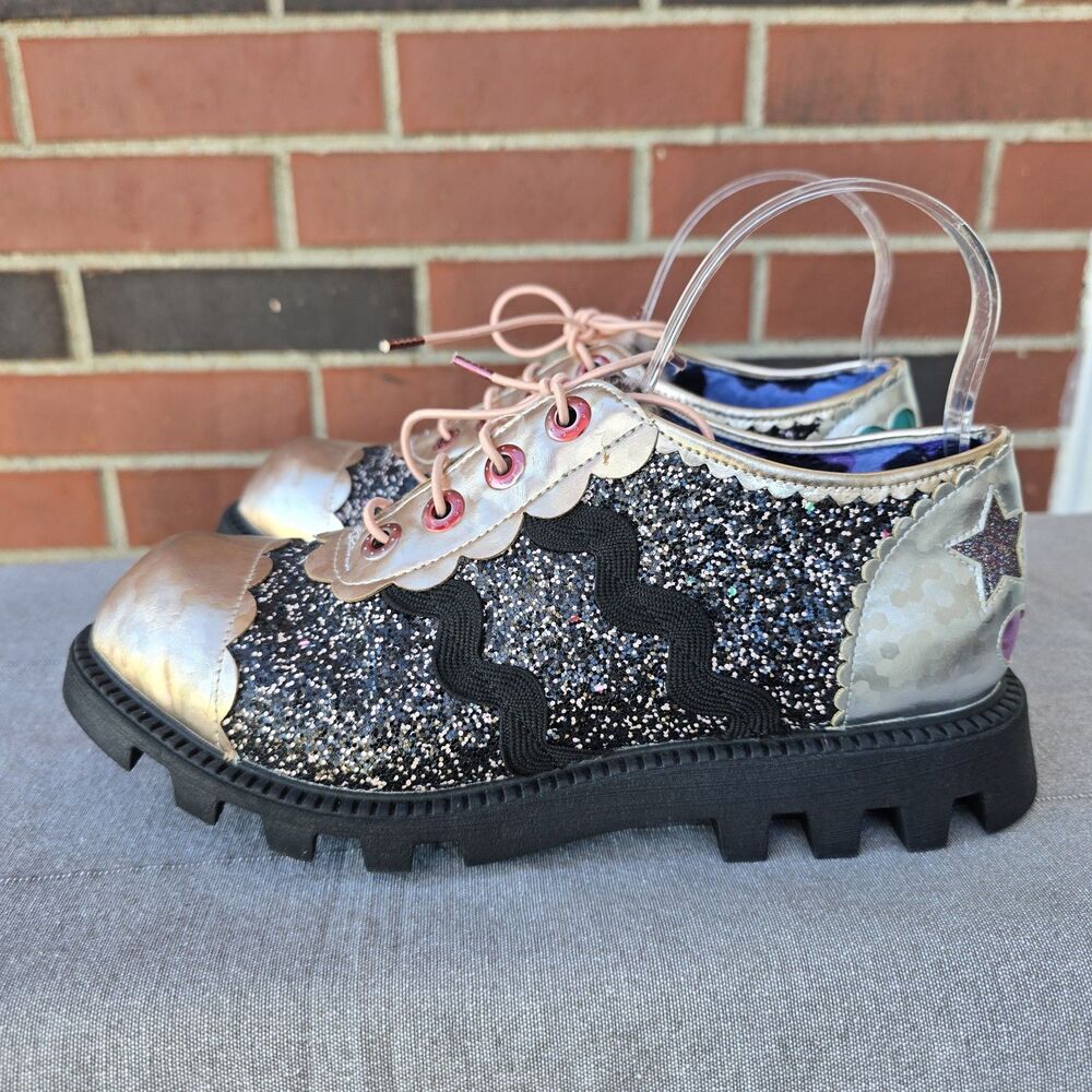 Irregular Choice Gold Multicolor Glitter Fur Oxford Lace Up Loafers Size 40